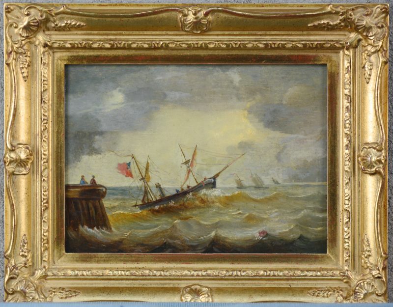 “Zeilschip op woelige zee”. Olieverf op paneel. Gesigneerd. Onduidelijk gesigneerd. XIXe eeuw.