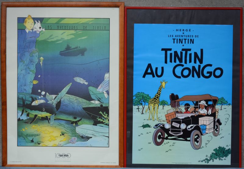 Twee affiches van Kuifje. “ Kuifje in Congo” van Moulinsart en een  andere affiche.