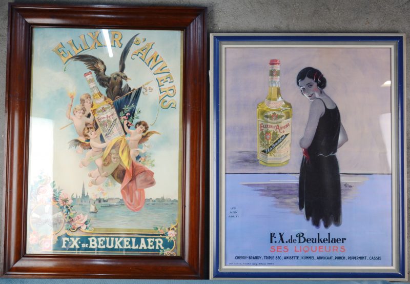 Een paar reclameaffiches voor Elixir d’Anvers. Eén gedateerd 1898 en in mahoniehouten lijst.