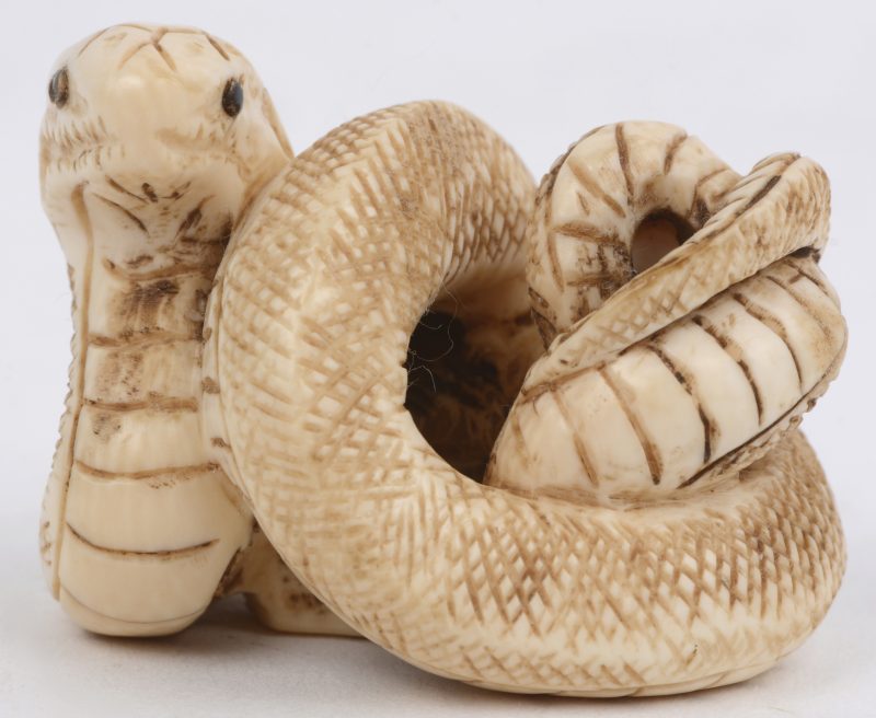 “Slang”. Een netsuké van ivoor. Japans werk, begin XXste eeuw. Onderaan gemerkt.