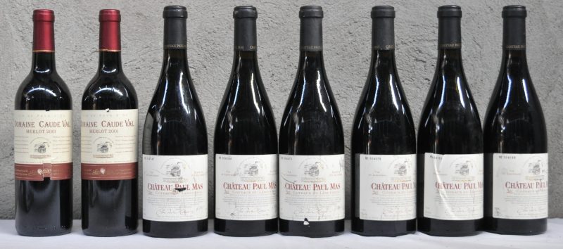 Lot rode wijn      2001  aantal: 8 Bt. Dom. Caude Val Merlot Vin de Pays d’Oc  Dom. Paul Mas, Pézenas M.O.  2001  aantal: 2 Bt. Ch. Paul Mas A.C. Coteaux du Languedoc  Dom. Paul Mas, Pézenas M.C.  2001  aantal: 6 Bt.