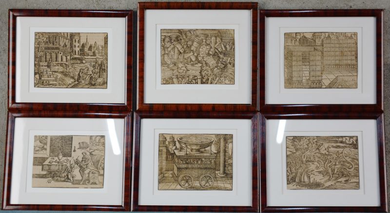 Een reeks van zes oude gravures, afkomstig uit een exemplaar van de Lutherse bijbel. XVIe eeuw..