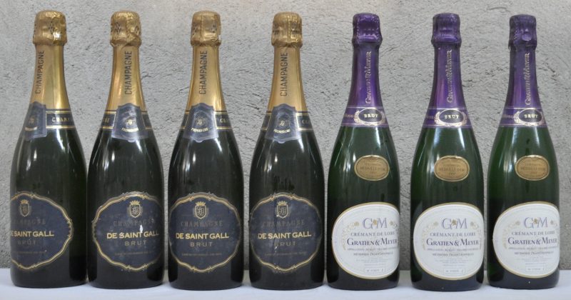 Lot schuimwijn        aantal: 7 Bt. Crémant de Loire Brut A.C.  Gratien & Meyer, Saumur M.O.    aantal: 3 Bt. Champagne Brut   De Saint Gall, Union Champagne M.O.    aantal: 4 Bt.