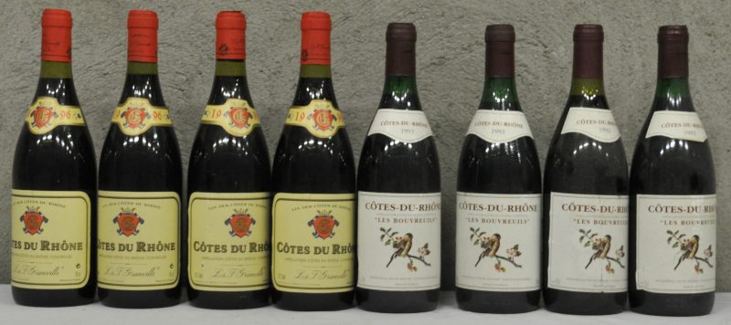 Lot rode wijn        aantal: 8 Bt. Côtes du Rhône A.C.  L. & F. Granville M.B.  1996  aantal: 4 Bt. Côtes-du-Rhône Les Bouvreuils A.C.  CDR, Trazegnies M.B.  1993  aantal: 4 Bt.