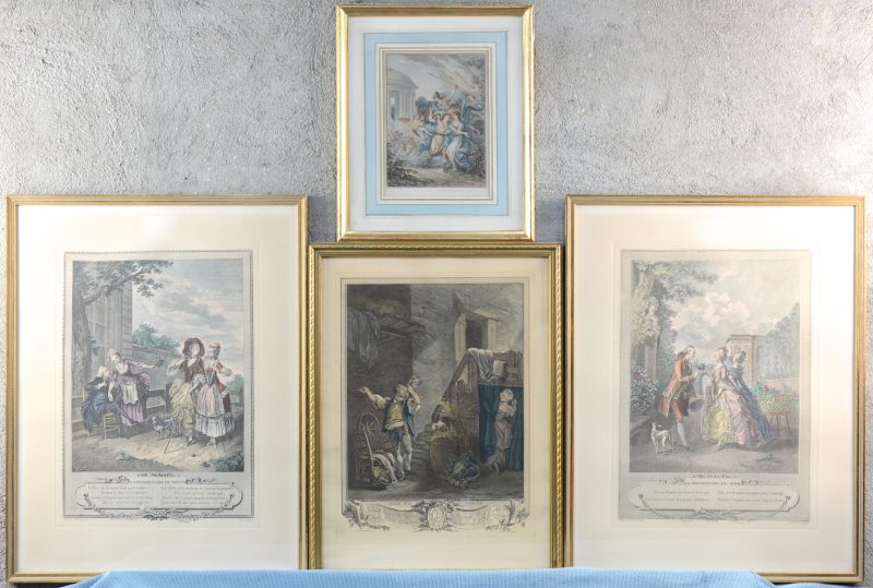 “La promenade du matin”, “La promenade du soir”, “Rose et Colas” & “Mythologische scène”. Vier oude lithografieën.