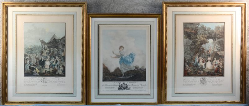 “La fuite a dessein”, “Le menuet de la mariée” & “La noce au chäteau”. Drie lithografieën.