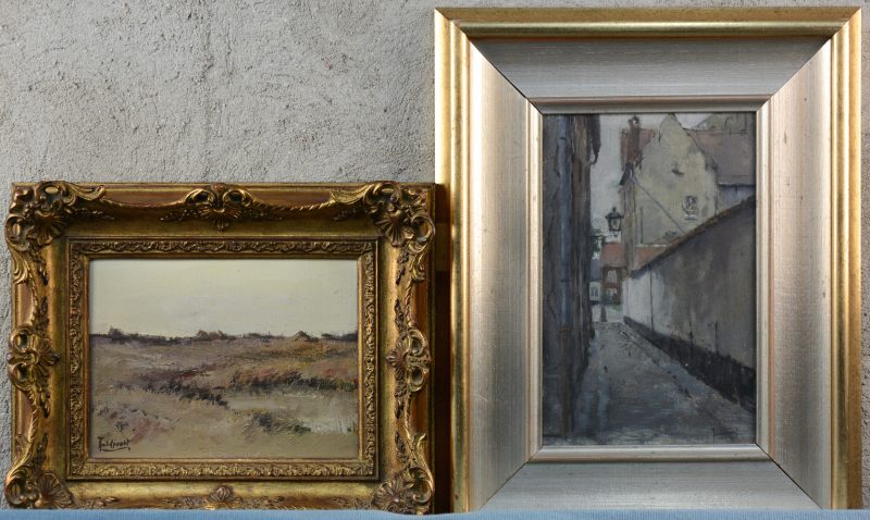 Twee schilderijen.“Straatje in Lier”. Olieverf op gemaroufleerd doek (29 x 19 cm). Gesigneerd. “Heidelandschap”. Olieverf op doek (18 x 24 cm). Gesigneerd.