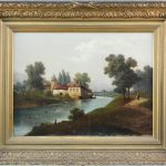 Twee schilderijen. “Hoeve bij rivier”. Olieverf op doek. Belgische school omstreeks 1900. Twee verschillende schilderijen. Eén kleine herstelling.