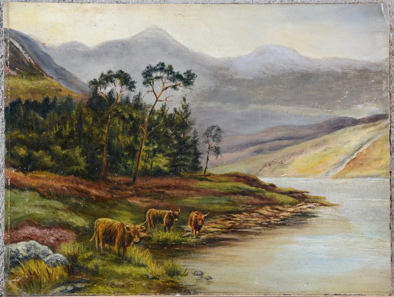 “Schots landschap met runderen”. Olieverf op board. Gesigneerd en gedateerd 1863.