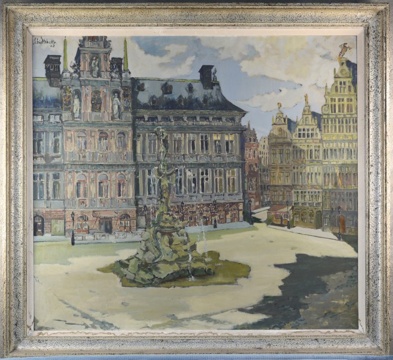 “Grote Markt van Antwerpen”. Olieverf op doek. Gesigneerd en gedateerd 1942.
