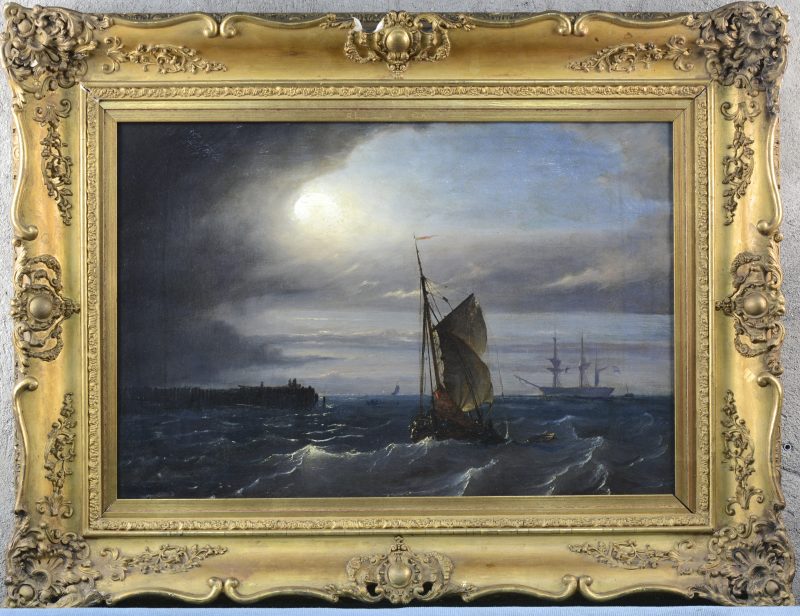 “Nachtelijke marine”. Olieverf op doek. Gesigeerd. Herdoekt. XIXe eeuw.