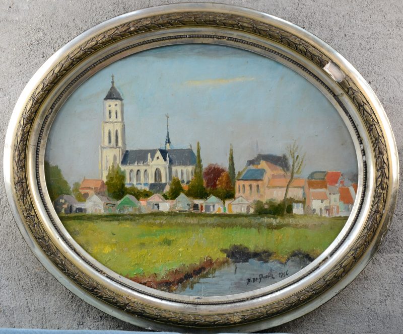 “Sint-Gummaruskerk”. Olieverf op paneel. Gesigneerd en gedateerd 1956.