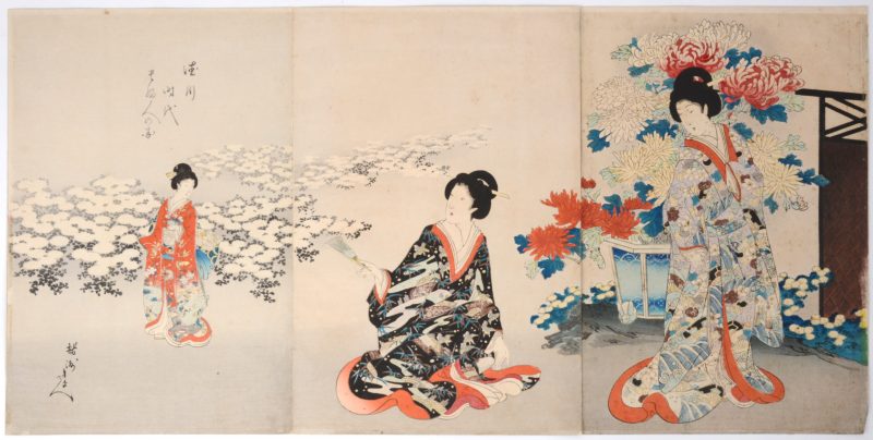 “Meiji Beauties” Triptiek. Ingekleurde houtsnede. XIXde eeuw. Gesigneerd.