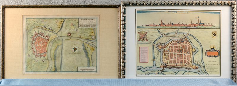 Twee oude ingekleurde kaarten van Nieuwpoort.