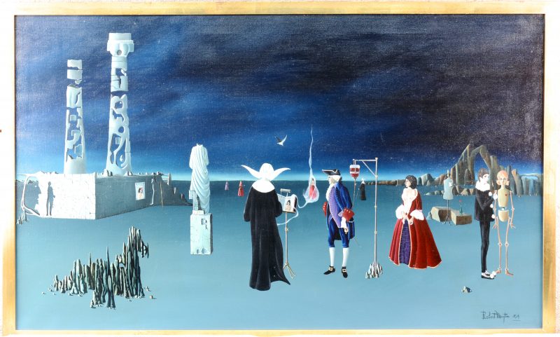 “Surrealistisch landschap met personages”. Olieverf op doek. Gesigneerd en gedateerd 1964.
