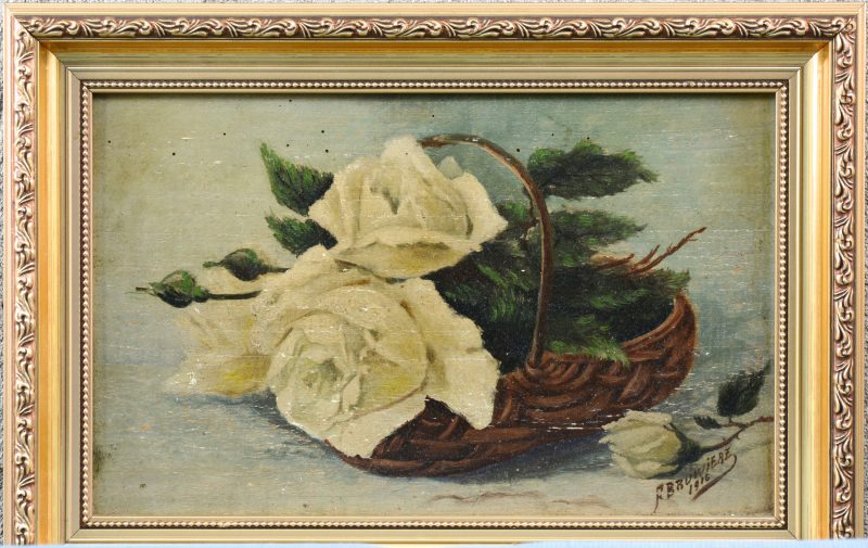 “Stilleven met rozen”. Olieverf op doek. Gesigneerd en gedateerd 1916.