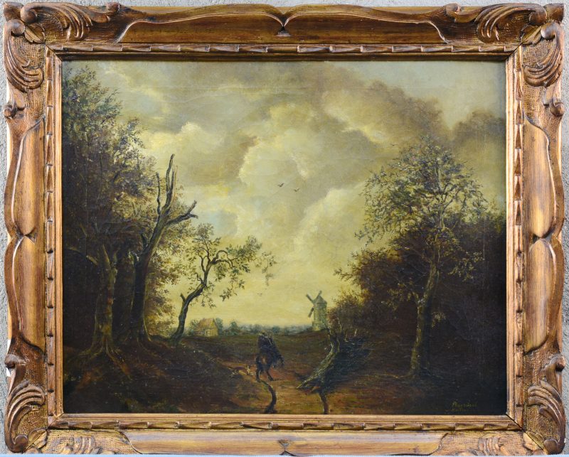 “Ruiter in een landschap”. Olieverf op doek. Gesigneerd. Naar een werk van Ruysdael. Omstreeks 1900.