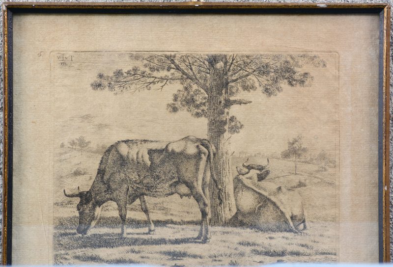 “Koeien in de wei”. Ets. Binnen de plaat gemonogrammeerd W.J.V.T. (Wouter Johannes van Troostwijk) en gedateerd 1810.