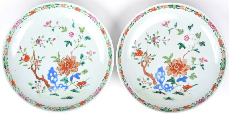 Een paar borden van Chinees porselein met een meerkleurig decor van een bloeiende struik.