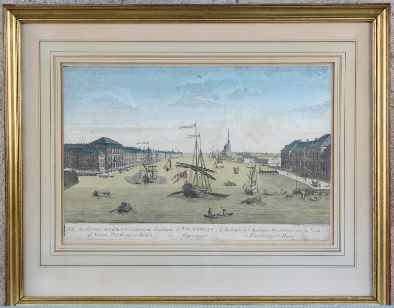 “Sint-Petersburg: Admiraliteit en Neva”. Oude ingekleurde gravure.