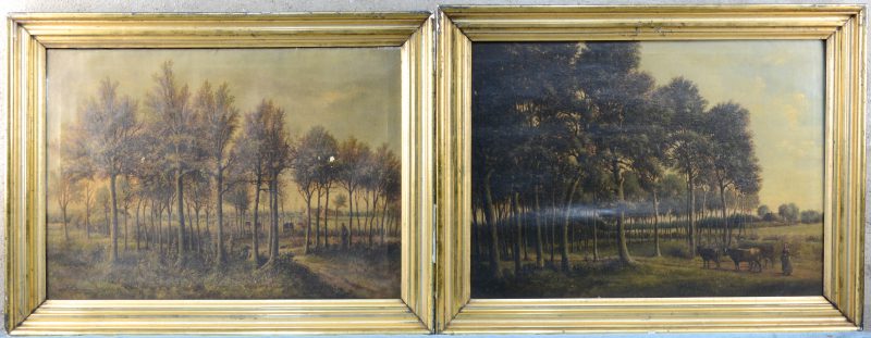 “De veehoeder” & “De veehoedster”. Een paar schilderijen, olieverf op doek/ Beide gesigneerd. Eind XIXe eeuw. Eén met kleine beschadiging.