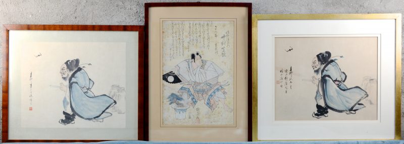 Drie Japanse houtsneden: Kunihiro, “Kabuki-akteur” (vochtschade) en twee andere.