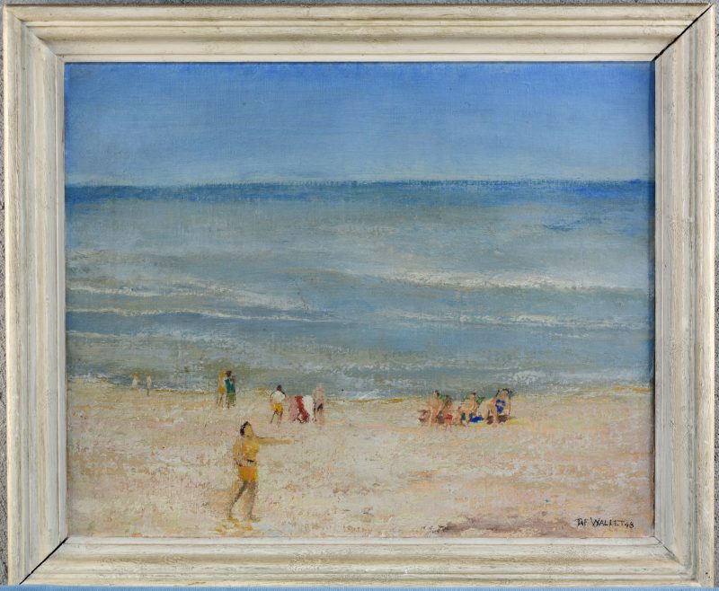 “Het strand te Sint-Idesbald”. Olieverf op doek. Gesigneerd en gedateerd 1948.