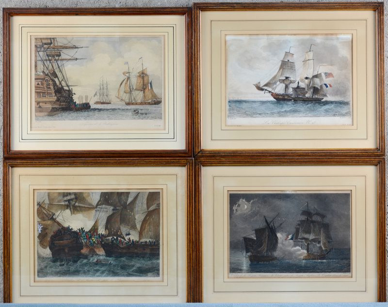 Een reeks van vier met de hand ingekleurde gravures met Franse zeeslagen uit de reeks ‘France maritime’. Begin XIXe eeuw.