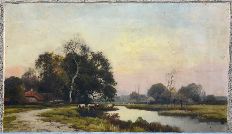 “Vee aan de rivier”. Olieverf op doek. Gesigneerd. Omstreeks 1900.