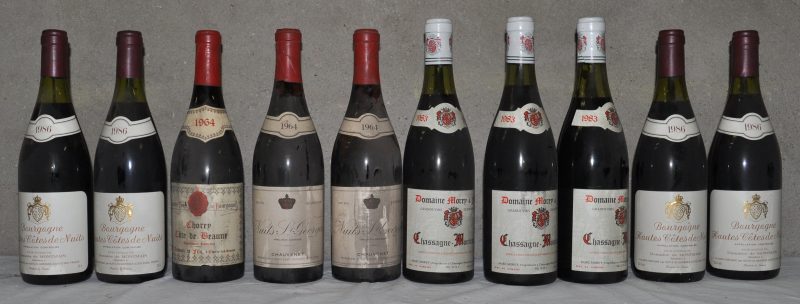 Lot rode bourgogne        aantal: 9 bt Chorey Côte de Beaune A.C.  R. Arnoux et Fils,Chorey M.B.  1964  aantal: 1 bt Nuits St-Georges A.C.  Chauvenet, Nuits M.B.  1964  aantal: 1 bt Bourgogne Hautes Côtes de Nuits A.C.  Dom. de Montmain, Nuits M.D.  1986  aantal: 4 bt Chassagne-Montrachet A.C.  Marc Morey, Chassagne M.D.  1983  aantal: 3 bt