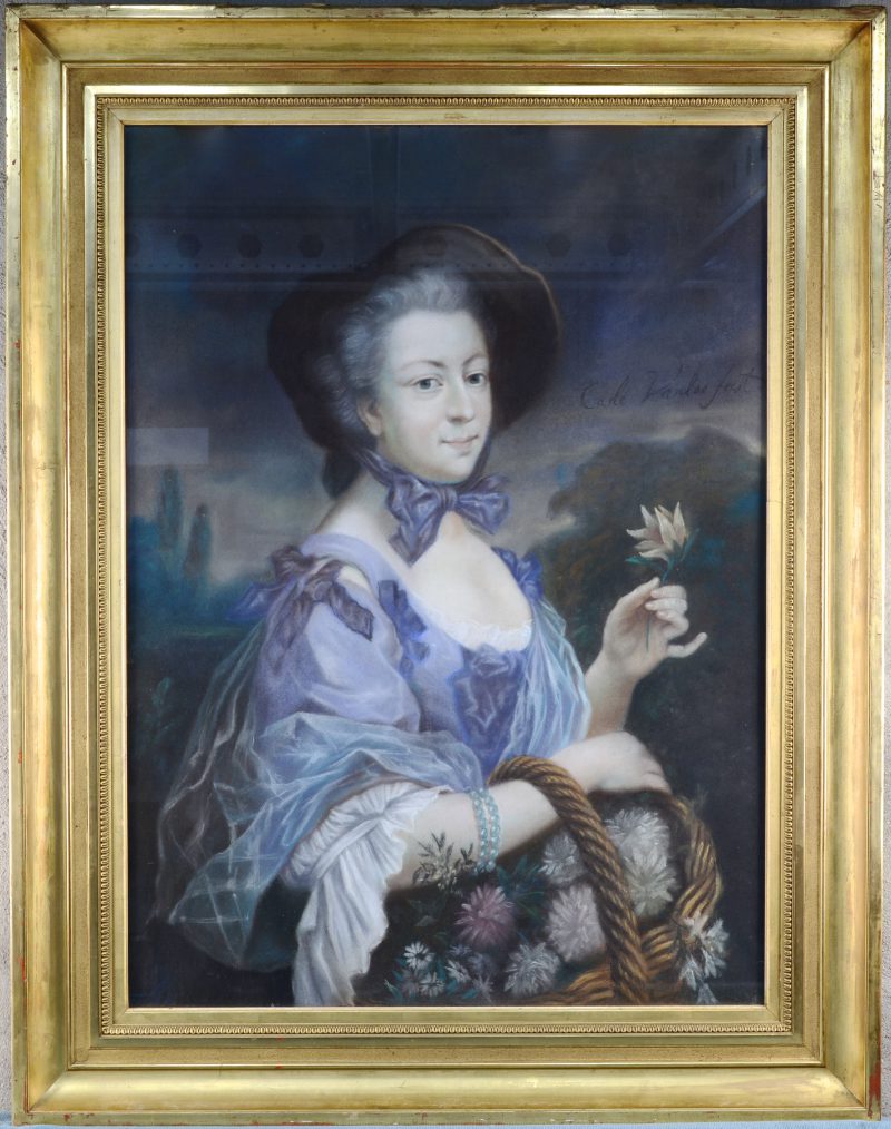 “La Duchesse de Pompadour en belle jardinière”. Pastel op papier naar het werk van Carle Van Loo in het Palais de Versailles. Draagt een handtekening. Waarschijnlijk XIXde eeuw.
