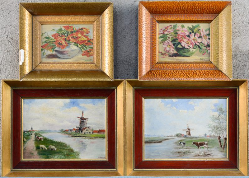Twee paar olieverfschilderijtjes op paneel, waarbij twee met Hollandse rivierlandschappen en twee bloemenstillevens, resp. gesigneerd “De Clercg” & “Bernard”.