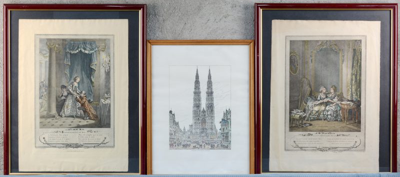 “L’événement au bal” & “Les confidences”. Twee Franse gravures. We voegen er een herdruk van een gravure mbt de Antwerpse kathedraal aan toe.