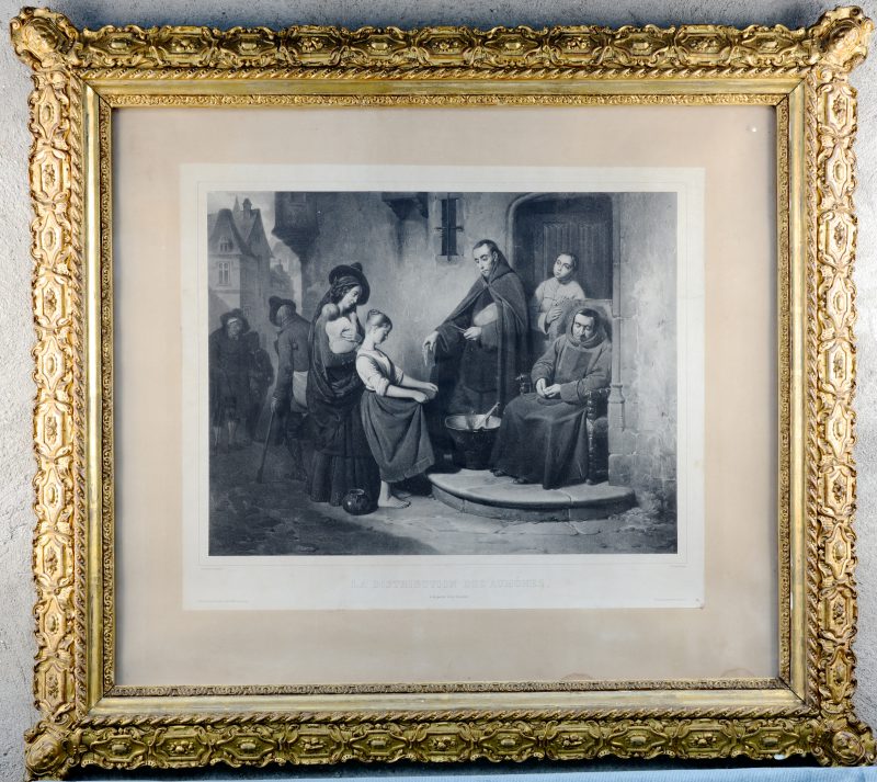 “La Distribution des Aumônes” Litho door Lafoose naar Jacquand. Parijs, XIXde eeuw.