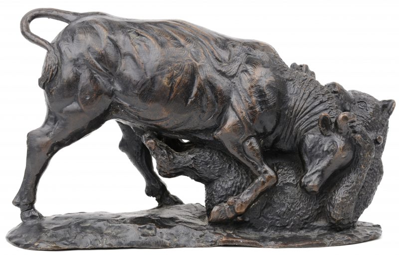 “Bull and bear”. Een beeld van donkergepatineerd brons naar een werk van Isidore Bonheur.