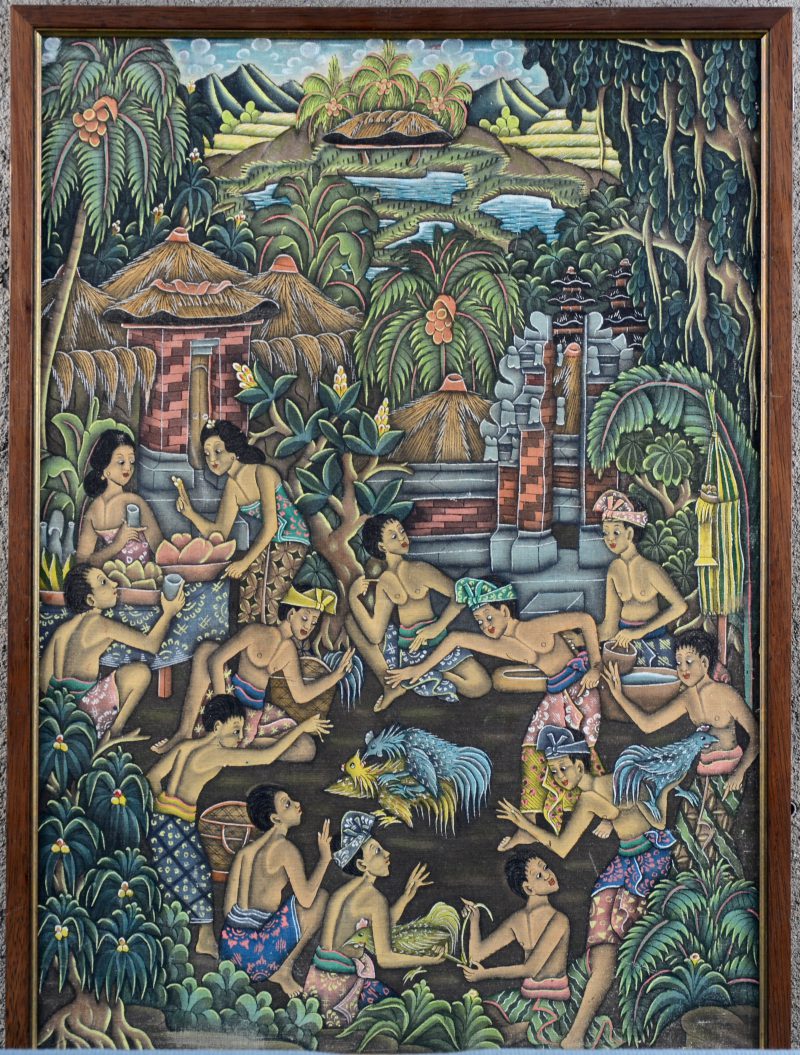 “Balinese tempelscène”. Gemengde techniek op textiel.