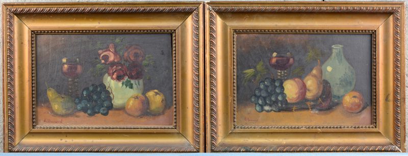 “Fruitstillevens”. Olieverf op paneel. Een paar schilderijen. Draagt een handtekening: Bernard.