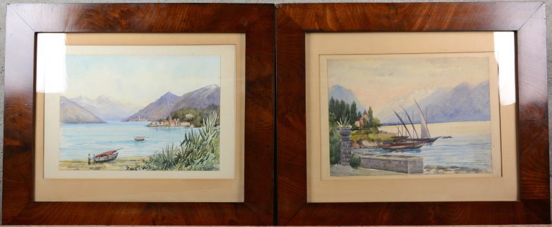 “Italiaans bergmeer”. Twee aquarellen op papier. Gesigneerd. In mahoniehouten kaders.