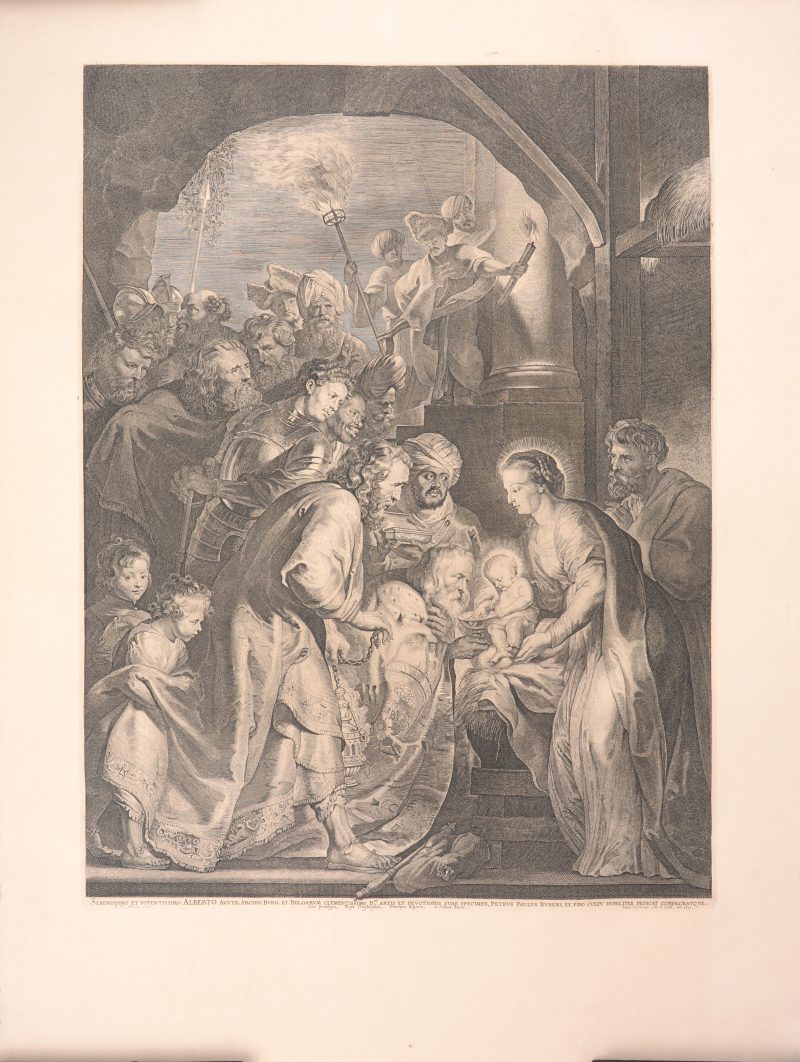 “De aanbidding van de Koningen” . Ets naar een werk van Rubens met een plaat van Lucas Vorsterman.