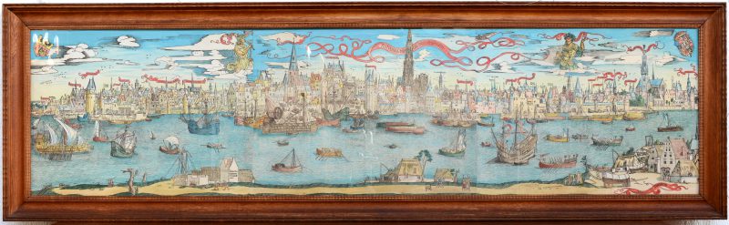 “Antverpia Mercatorum Emprium”. Een met aquarel ingekleurde kopie van de bekende kaart met zicht op de rede van Antwerpen uit de XVIe eeuw.