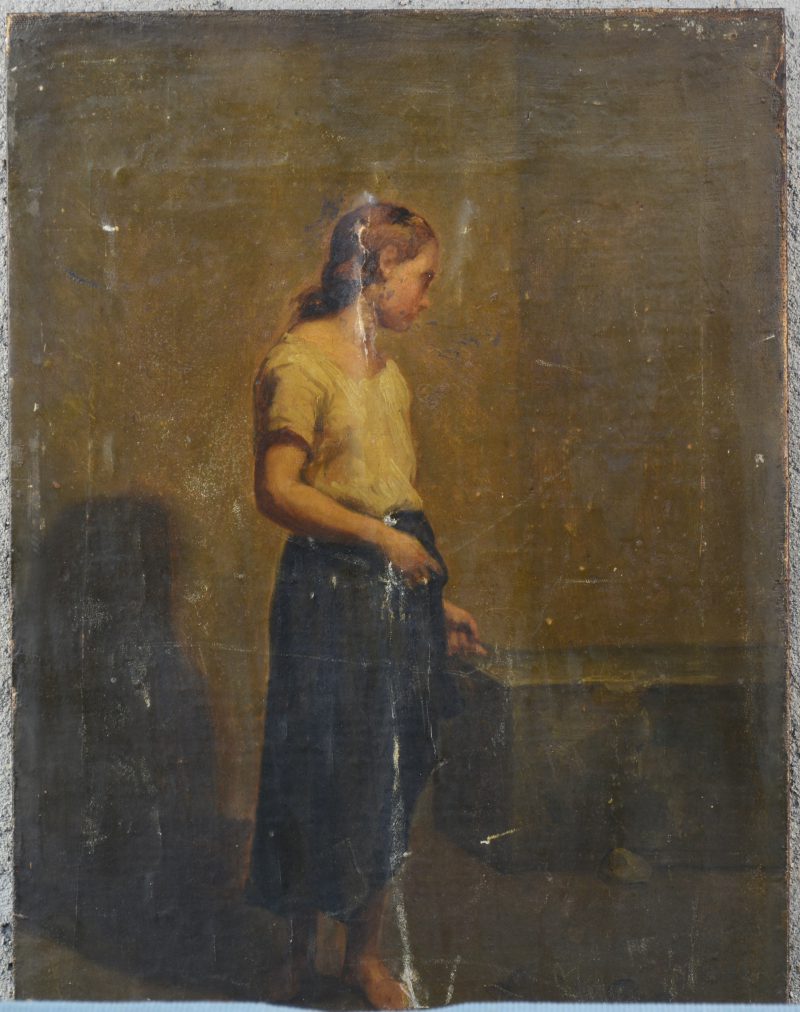 “Portret van een meisje”. Olieverf op gemaroufleerd doek. Niet gesigneerd. XIXe eeuw. Te restaureren.