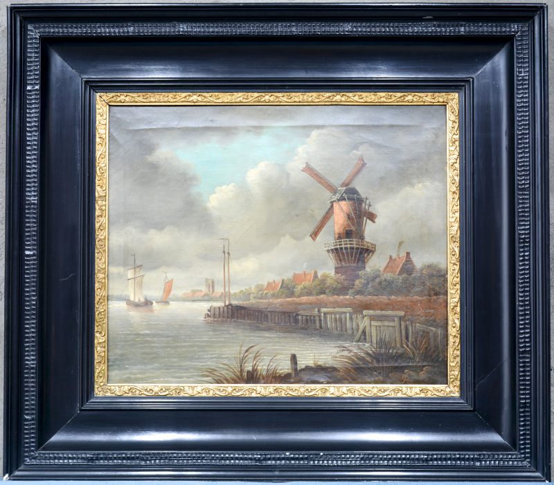 “Hollands waterlandschap met molen”. Olieverf op doek. Gemonogrammeerd J.R. Omstreeks 1900.