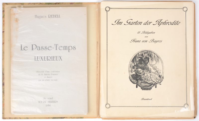 “In Garten der Aphrodite.” 18 chromolithos met erotische voorstellingen. We voegen er een boek aan toe: “Le Passe-Temps Luxurieux” van Hugues Rebell.