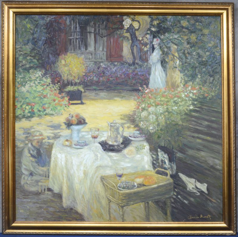 “Ontbijt in de tuin”. Olieverf op doek. Naar Claude Monet. Achteraan gesigneerd Wan Guo en gedateerd 2007.