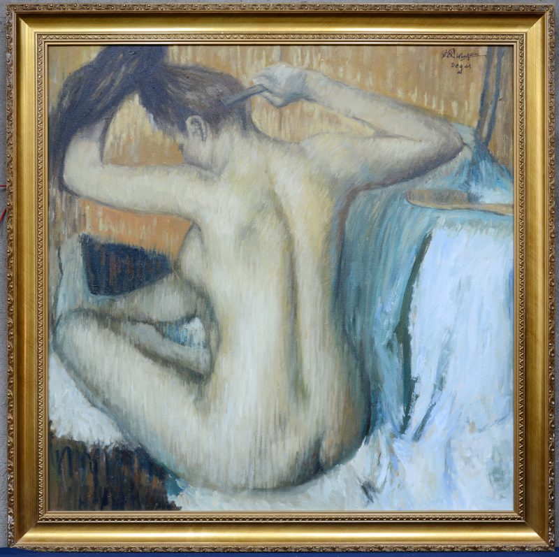 “Zittend naakt”. Olieverf op doek. Naar Edgar Degas. Gesigneerd Wan Guo.