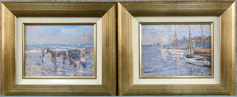 “Zandvoort” & “Urk”. Twee schilderijtjes, olieverf op paneel. Beide gesigneerd.