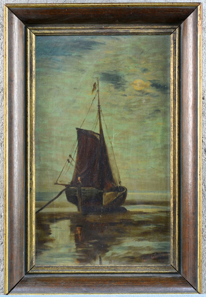“Vissersboot”. Olieverf op doek. Gesigneerd en gedateerd 1907.