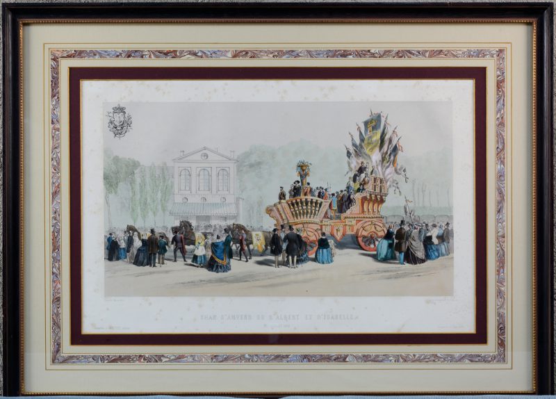 ‘Char d’Anvers ou d’Albert et d’Isabelle. 21 juillet 1856’.   Een Chromolitho uit de XIX de eeuw
