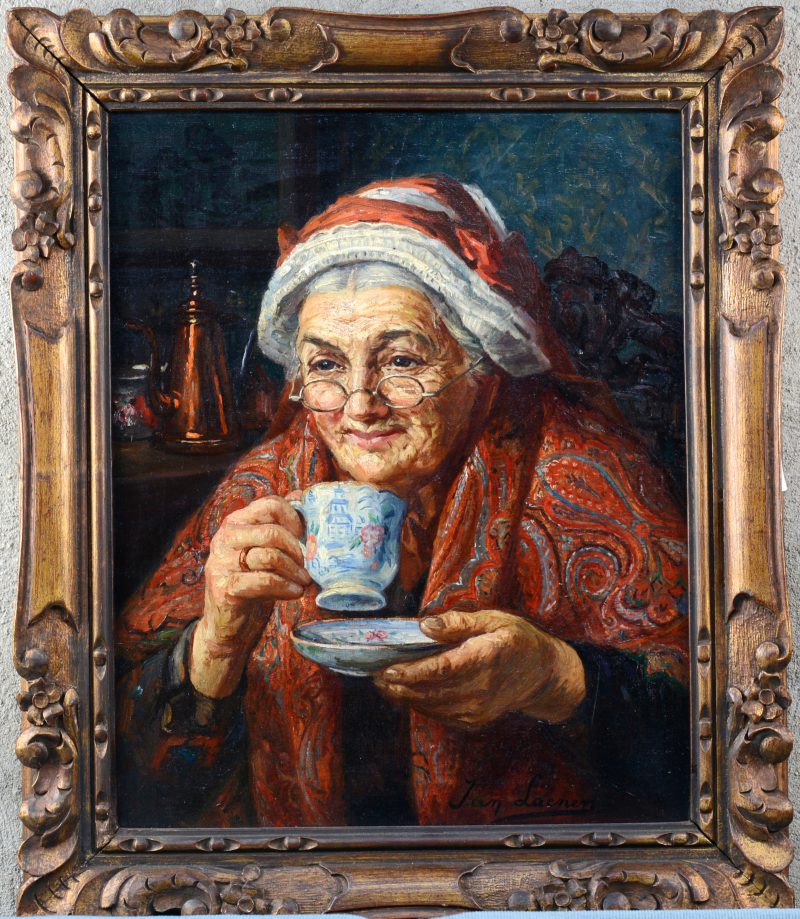 “De thee drinkende dame”. Olieverf op doek. Gesigneerd.