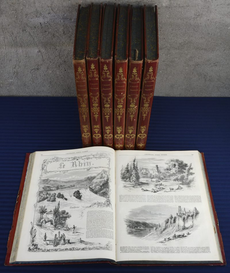 “L’Illustration” Ed. Le Chevalier et Cie. Paris. Een lot gebundelde jaaruitgaven: 1850 deel I; 1857 delen I & II; 1858 delen I & II, 1859 delen I & II. 7 stuks.